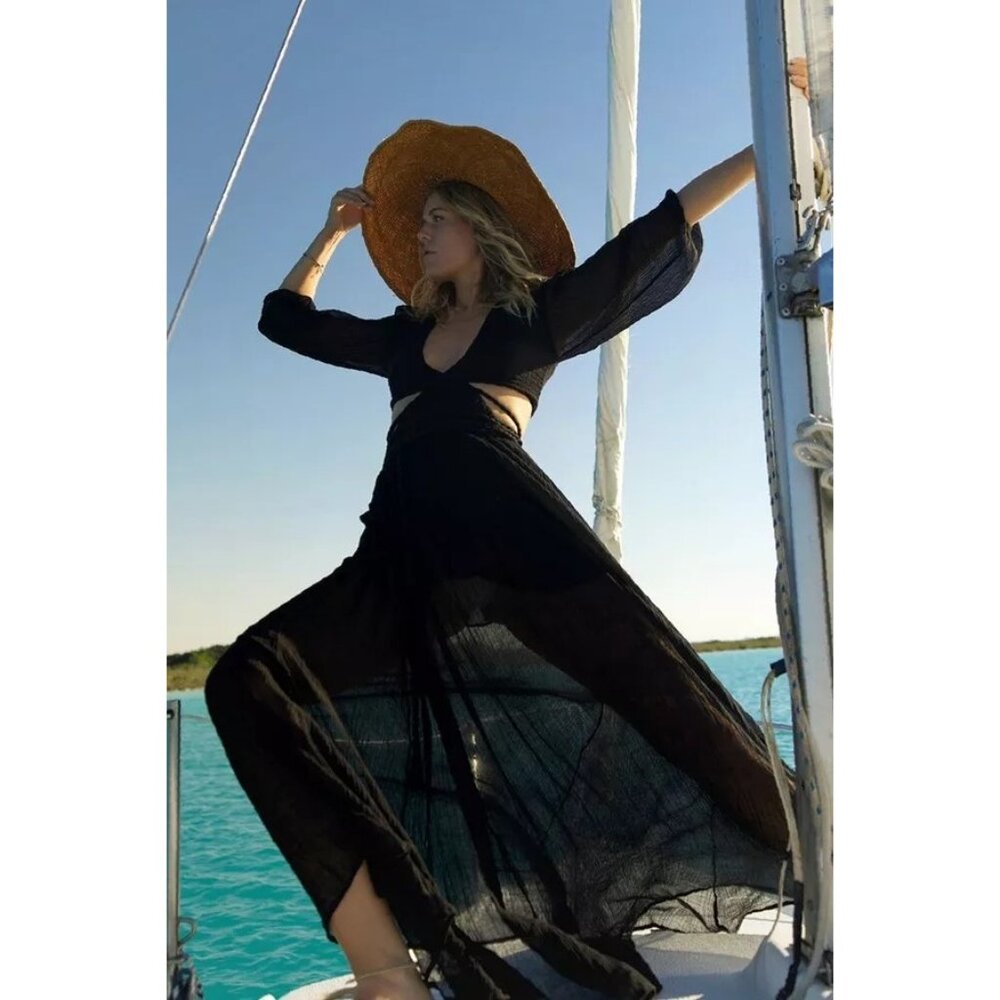 Miguelina Farrah NWT Black Gauze Sheer Tassel Tie Layered Maxi Dress Medium